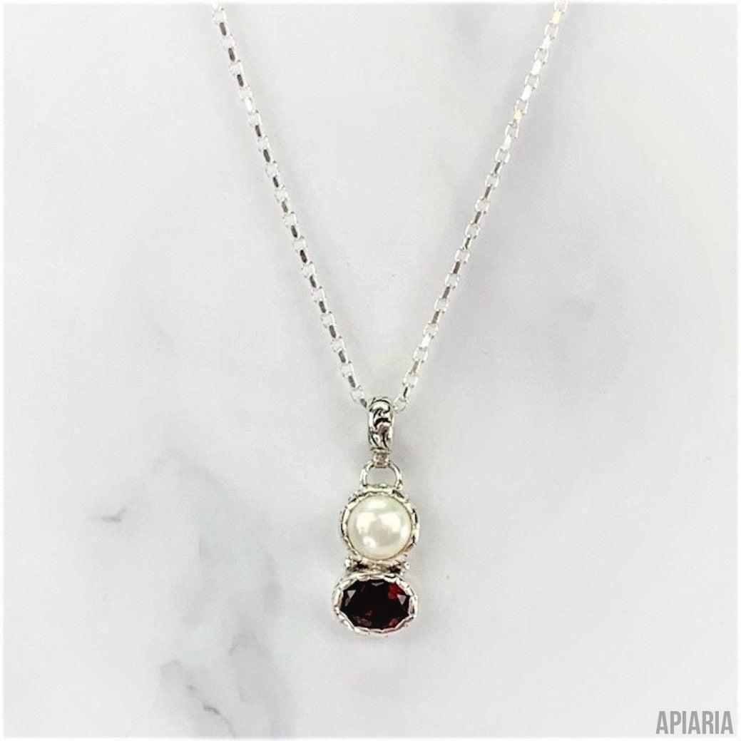 Garnet & Pearl Pendant Necklace-Jewelry-Apiaria