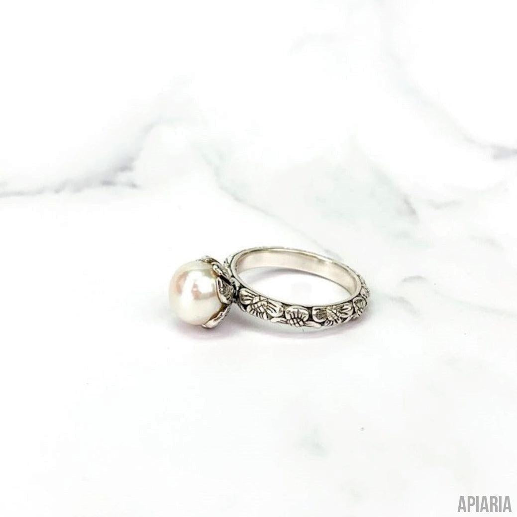 White Pearl and Sterling Silver Ring, Floral Band-Jewelry-Apiaria