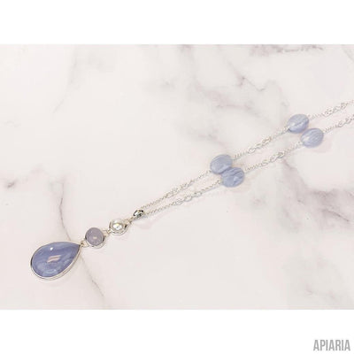 Blue Lace Agate & Chalcedony Sterling Silver Necklace with Freshwater Pearl-Jewelry-Apiaria