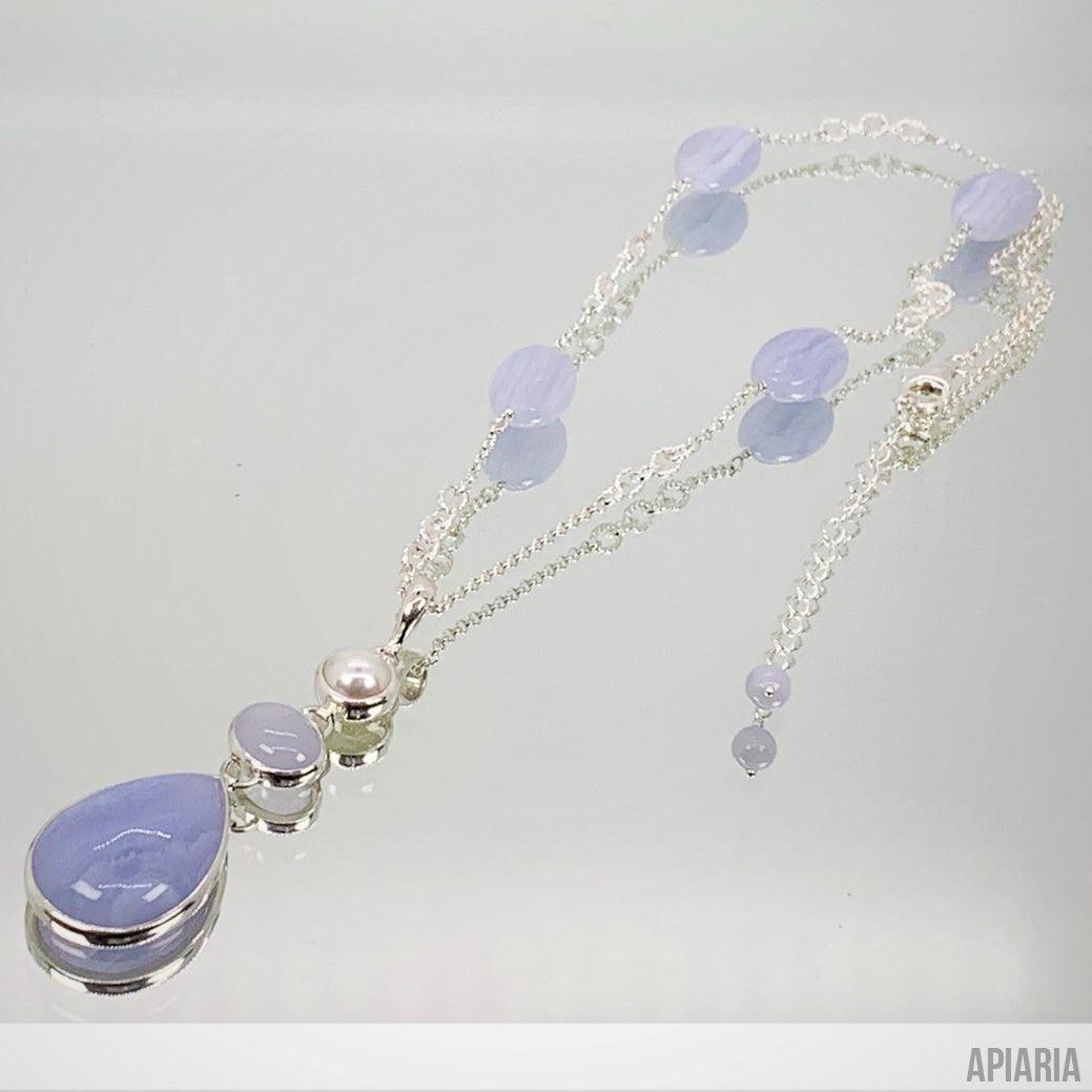 Blue Lace Agate & Chalcedony Sterling Silver Necklace with Freshwater Pearl-Jewelry-Apiaria