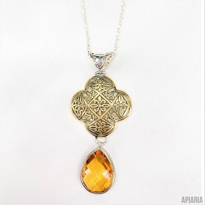 Bronze Medallion & Faceted Yellow Citrine Pendant Necklace and Earrings Set-Jewelry-Apiaria