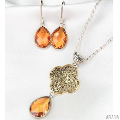 Bronze Medallion & Faceted Yellow Citrine Pendant Necklace and Earrings Set-Jewelry-Apiaria