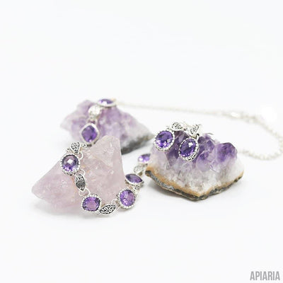 Faceted Amethyst Necklace in Sterling Silver with Matching Hook Earrings-Jewelry-Apiaria