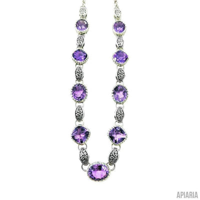 Faceted Amethyst Necklace in Sterling Silver with Matching Hook Earrings-Jewelry-Apiaria