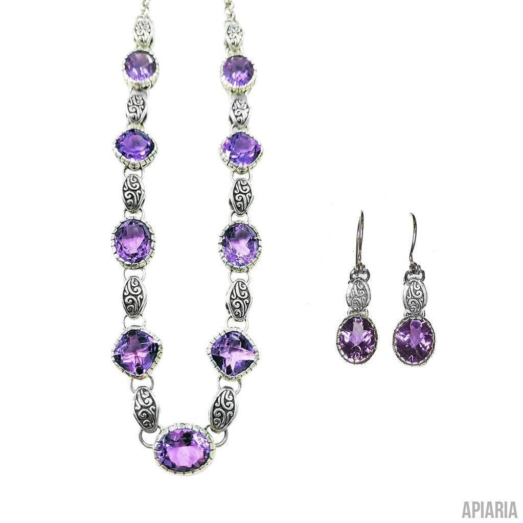 Faceted Amethyst Necklace in Sterling Silver with Matching Hook Earrings-Jewelry-Apiaria