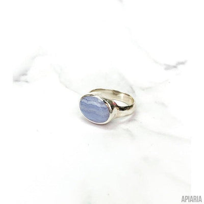 Handcrafted Sterling Silver Blue Lace Agate Ring with Light Hammered Bezel-Jewelry-Apiaria