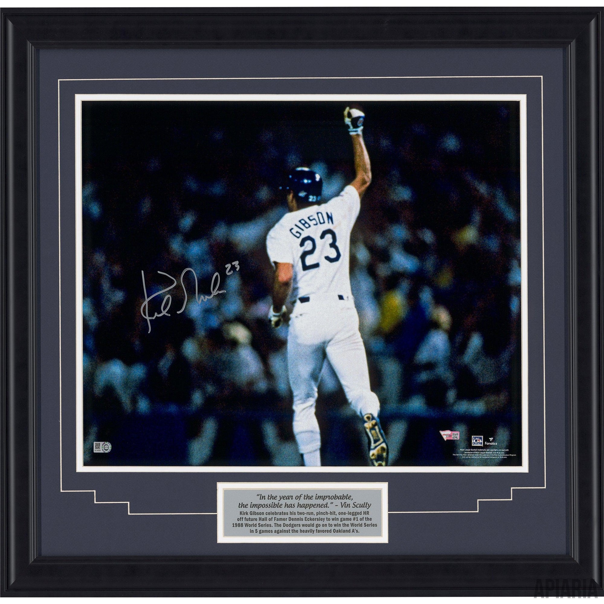 Kirk Gibson Autographed "Fist Pump" After Dramatic Home Run in '88 World Series-Framed Item-Apiaria