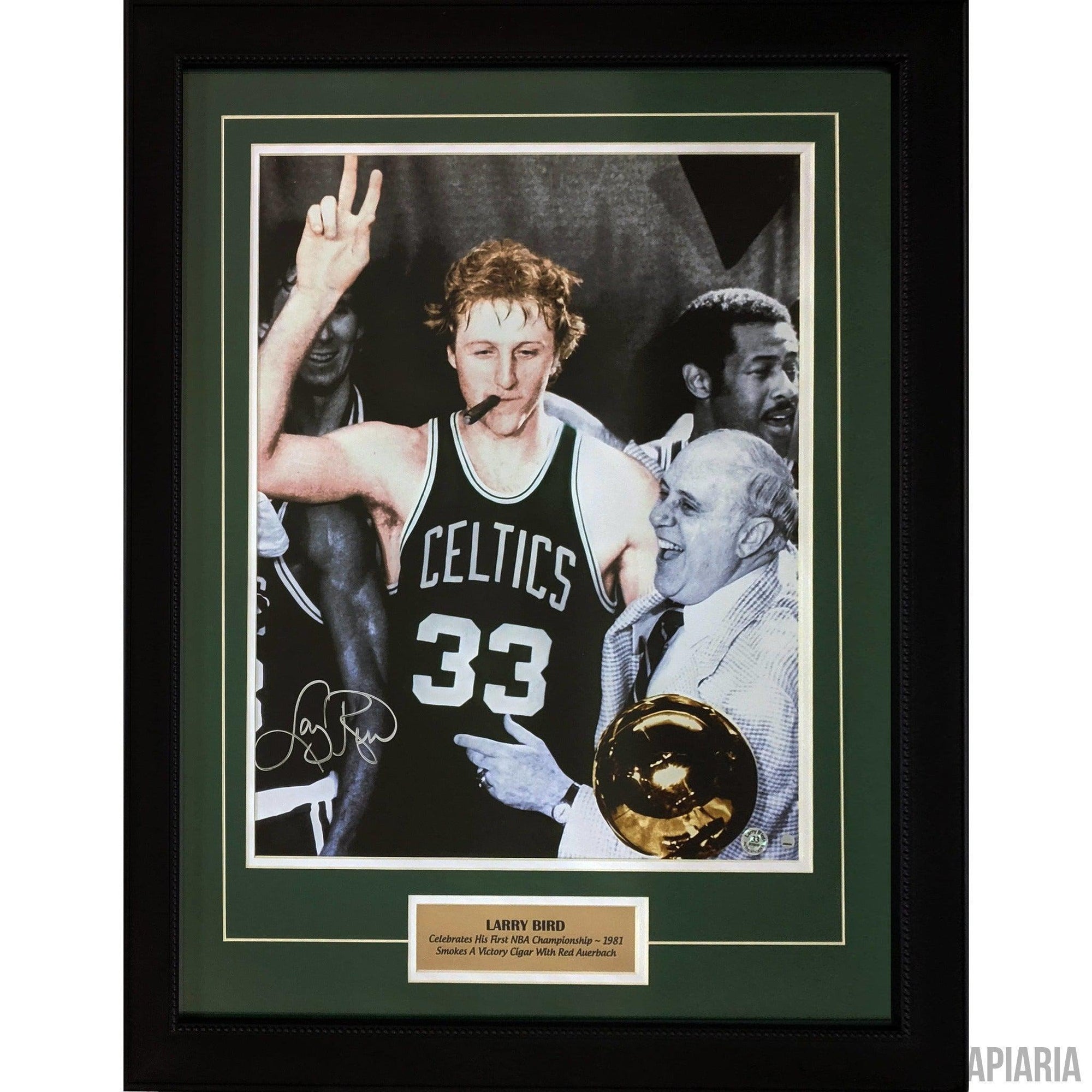 Larry Bird Autographed Photo, Smoking Cigar With Red Auerbach After Winning First NBA Championship-Framed Item-Apiaria