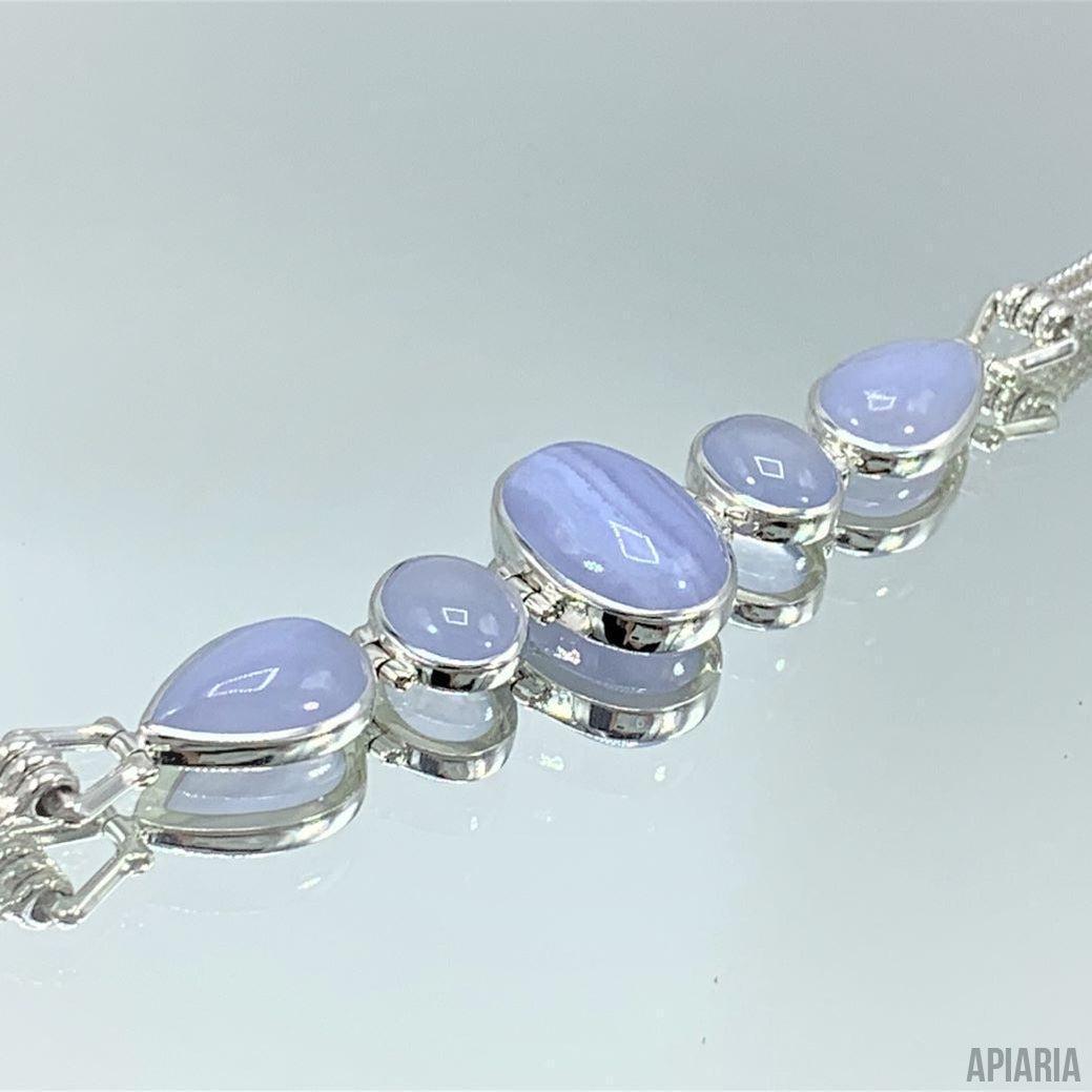 Sterling Silver Blue Lace Agate & Chalcedony Bracelet with Woven Chain-Jewelry-Apiaria