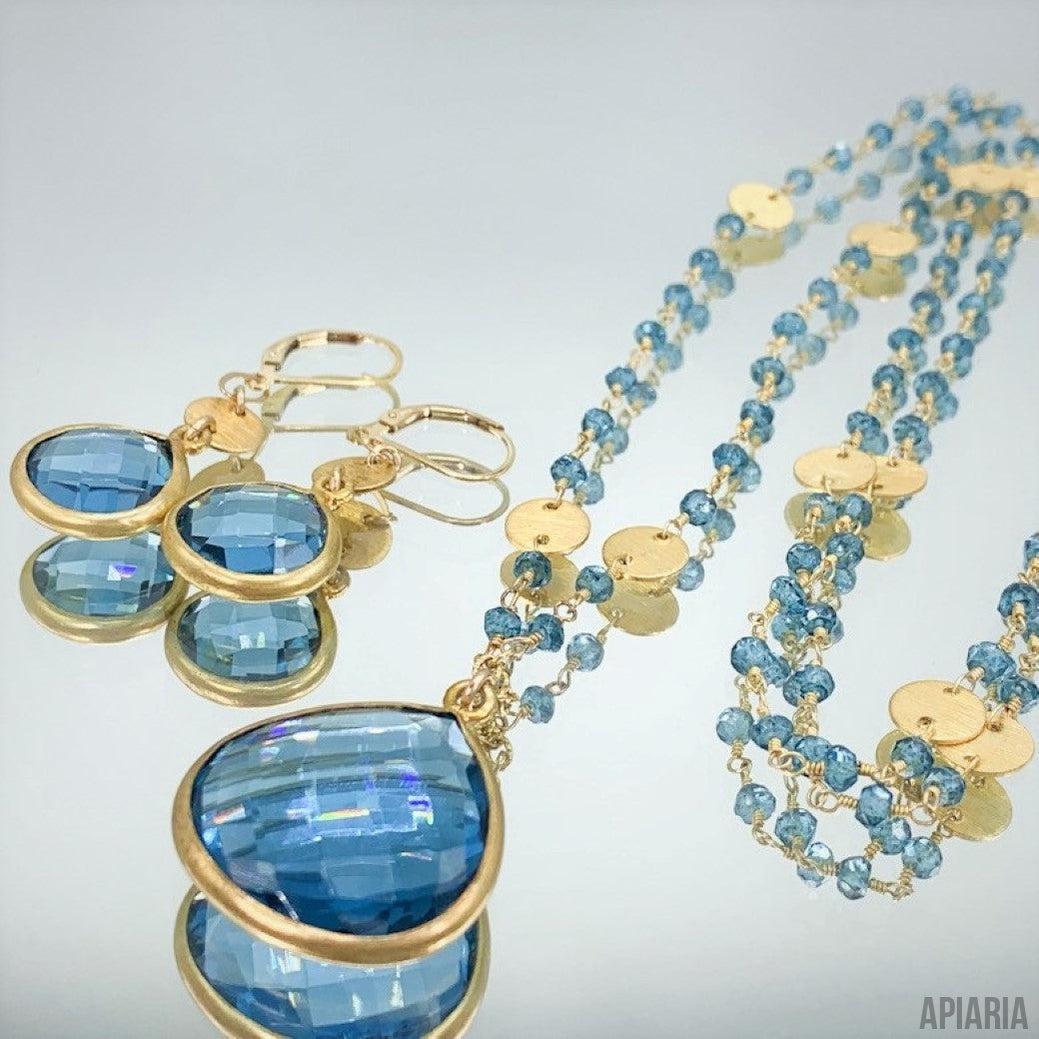Swiss Blue Topaz Pendant and Beaded Necklace Set in 14K Gold Fill with Matching Earrings