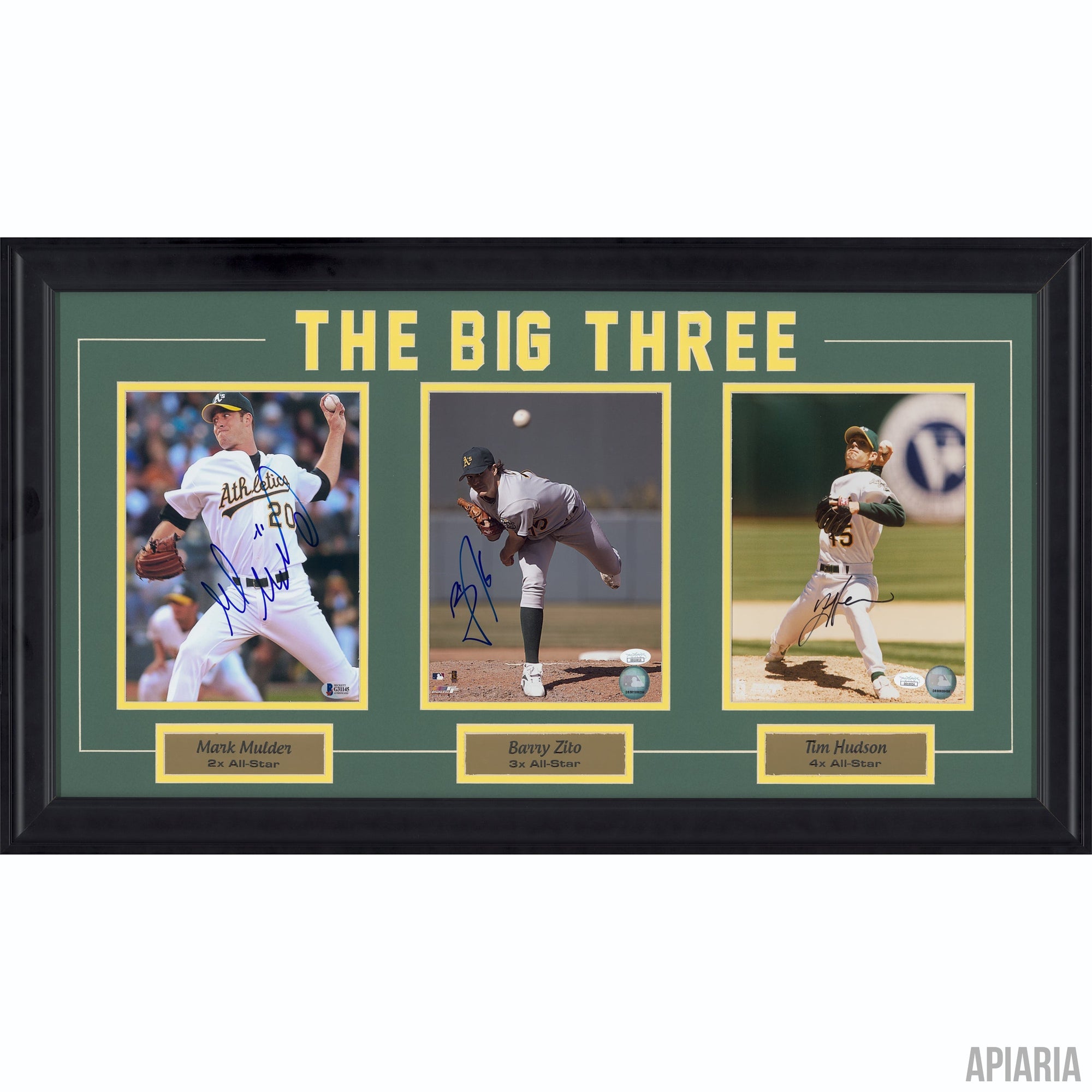 The Big Three autographed by Tim Hudson, Mark Mulder & Barry Zito, Oakland A's-Framed Item-Apiaria