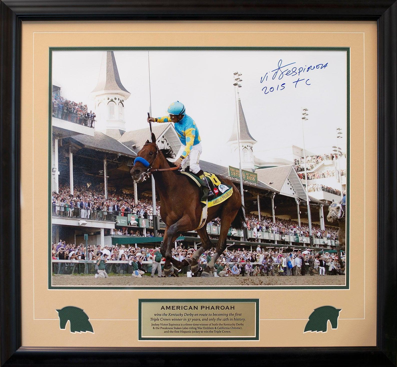 American Pharaoh Wins The Kentucky Derby En Route To Triple Crown, Autographed By Jockey Victor Espinoza-Framed Item-Apiaria