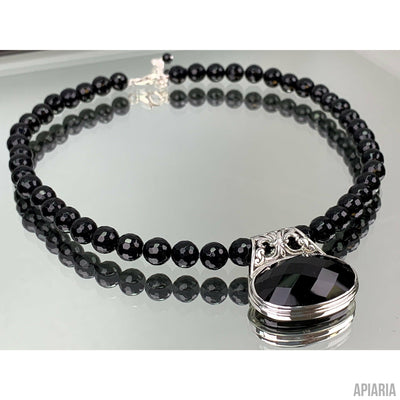 Black Onyx & Sterling Silver Necklace with Matching Earrings-Jewelry-Apiaria