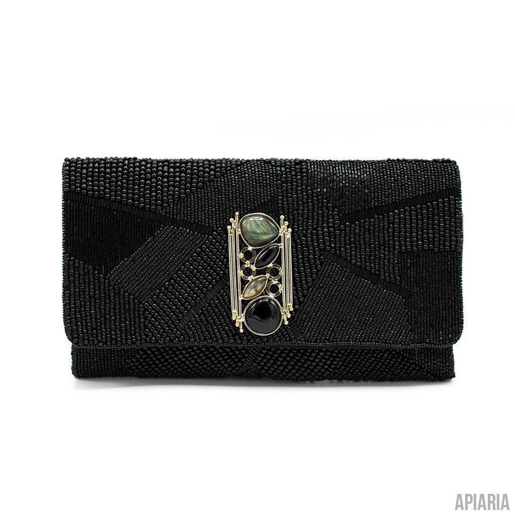 Ebony Clutch by Mary Frances, Hand beaded and embroidered-Handbag-Apiaria