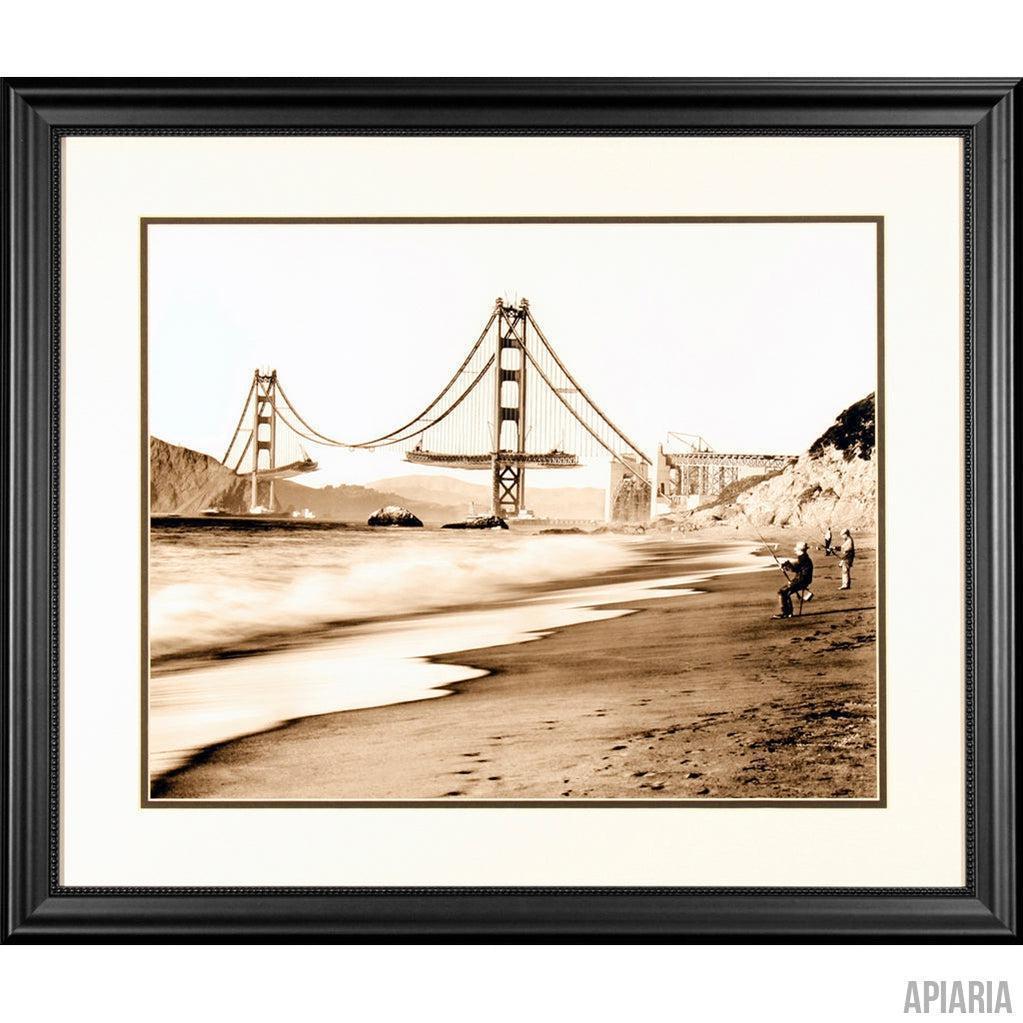 Fishermen on Baker Beach During Golden Gate Bridge Construction, 1936-Framed Item-Apiaria