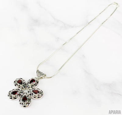 Garnet & Sterling Silver Flower Pendant Necklace-Jewelry-Apiaria