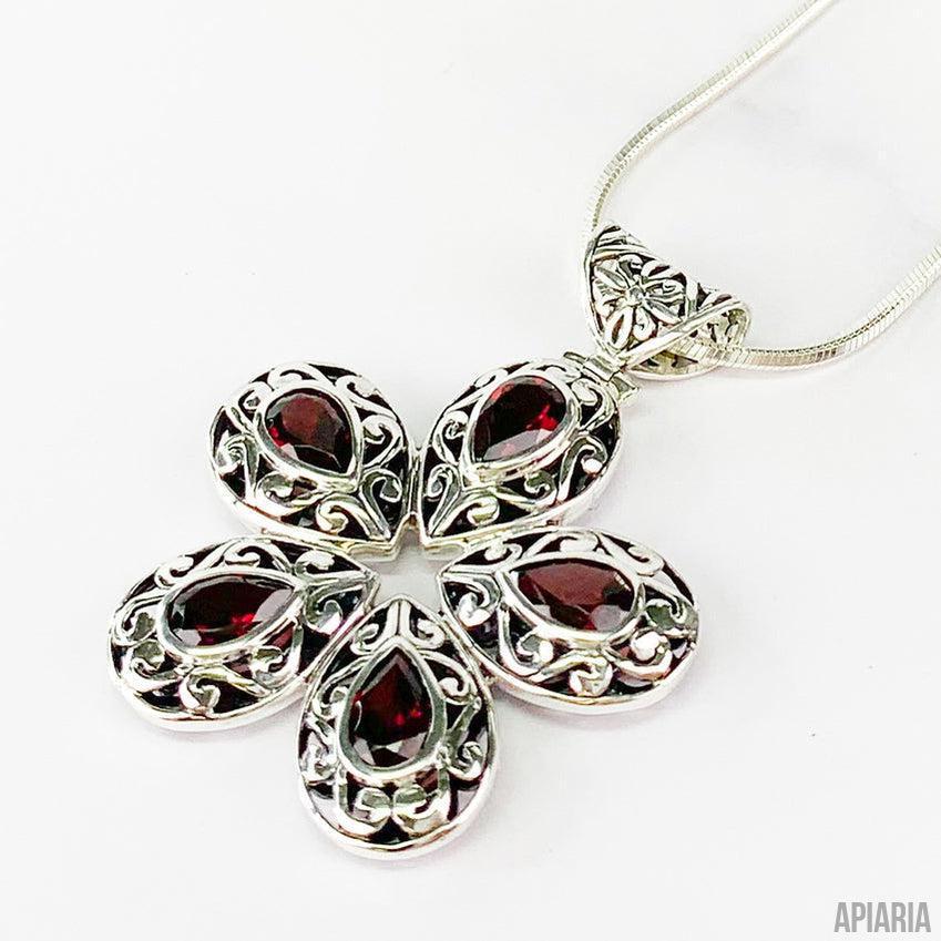 Garnet & Sterling Silver Flower Pendant Necklace-Jewelry-Apiaria
