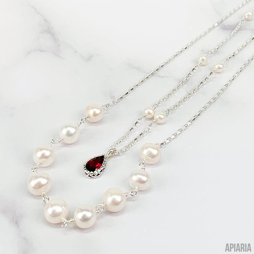 Garnet & White Pearl Layered Necklace-Jewelry-Apiaria