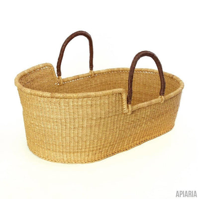 Ghanaian Natural Moses Basket with Leather Handles-Basket-Apiaria