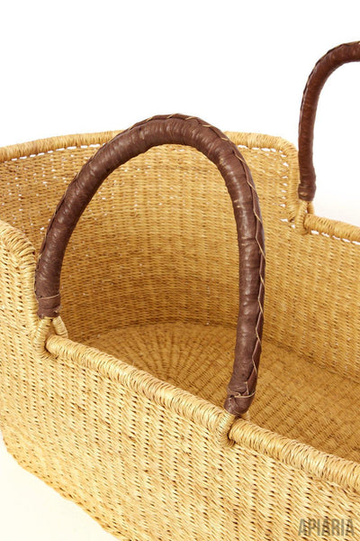 Ghanaian Natural Moses Basket with Leather Handles-Basket-Apiaria