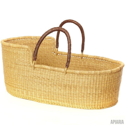 Ghanaian Natural Moses Basket with Leather Handles-Basket-Apiaria