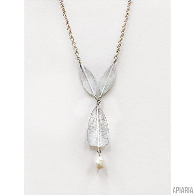 Hammered Sterling Silver Leaf & Petal Necklace with Pearl Tassel & Matching Earrings-Jewelry-Apiaria