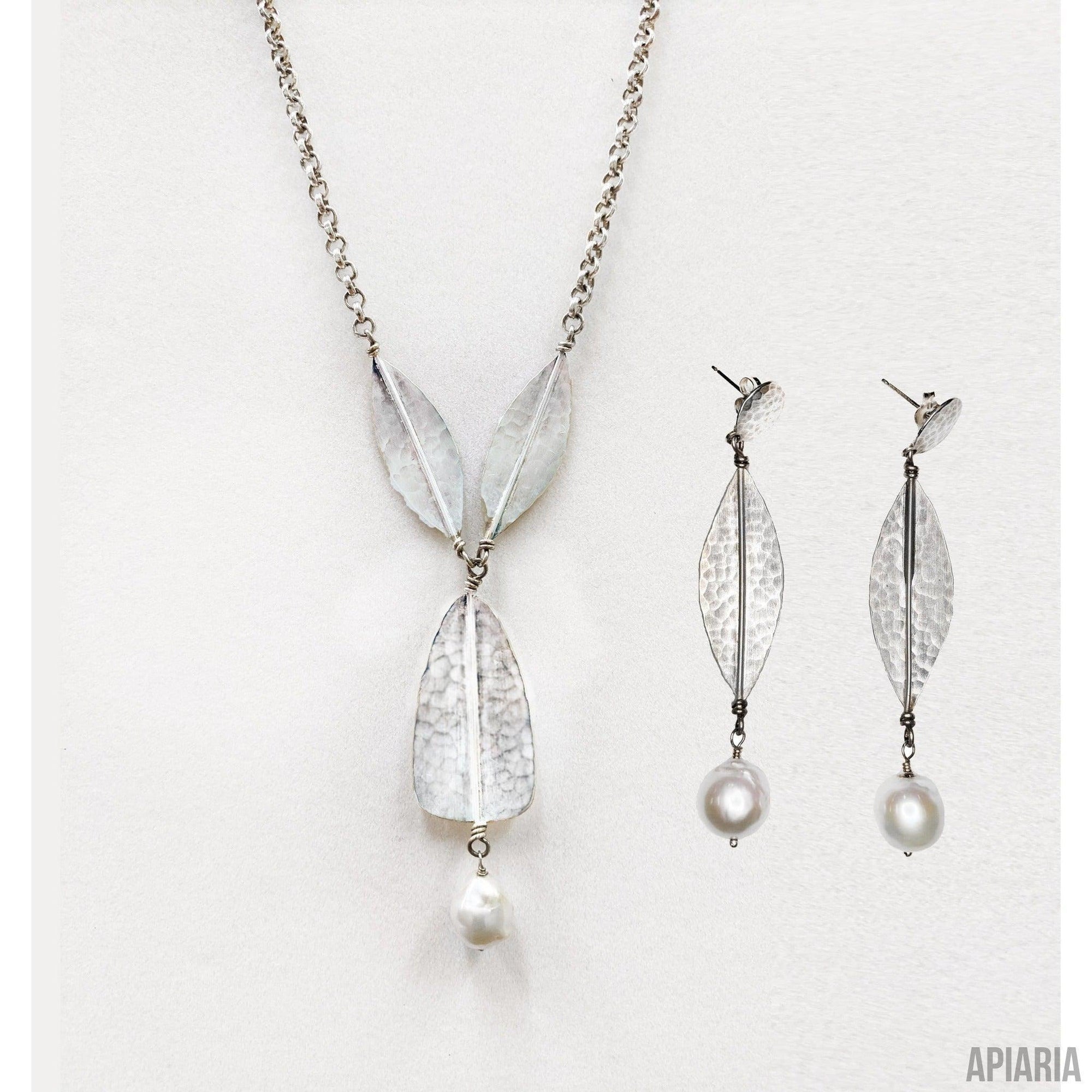 Hammered Sterling Silver Leaf & Petal Necklace with Pearl Tassel & Matching Earrings-Jewelry-Apiaria