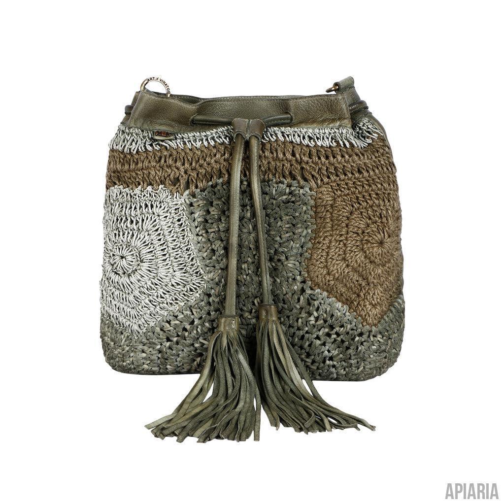 Hand Crocheted Leather Bucket Bag-Handbag-Apiaria