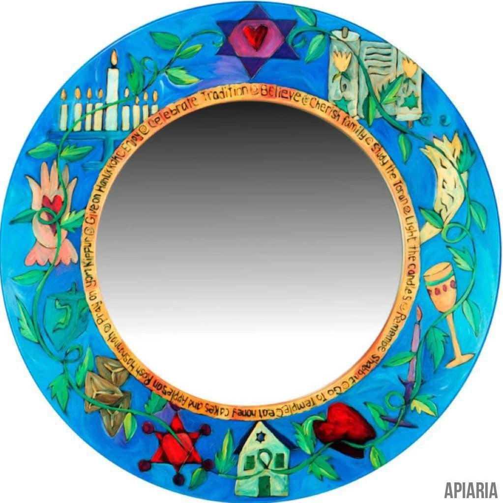 Handmade Large Round Mirror with Judaic Design - Vibrant-Mirror-Apiaria