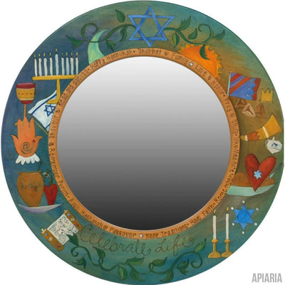 Handmade Large Round Mirror with Judaic Designs - Celebrate Life-Mirror-Apiaria