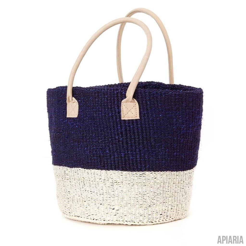 Handwoven Sisal Tote with Leather Handles (Dual Tone Navy/White)-Handbag-Apiaria