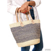 Handwoven Sisal Tote with Leather Handles (Twill Navy/White)-Handbag-Apiaria