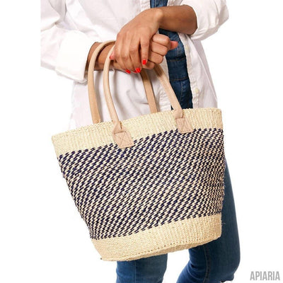 Handwoven Sisal Tote with Leather Handles (Twill Navy/White)-Handbag-Apiaria