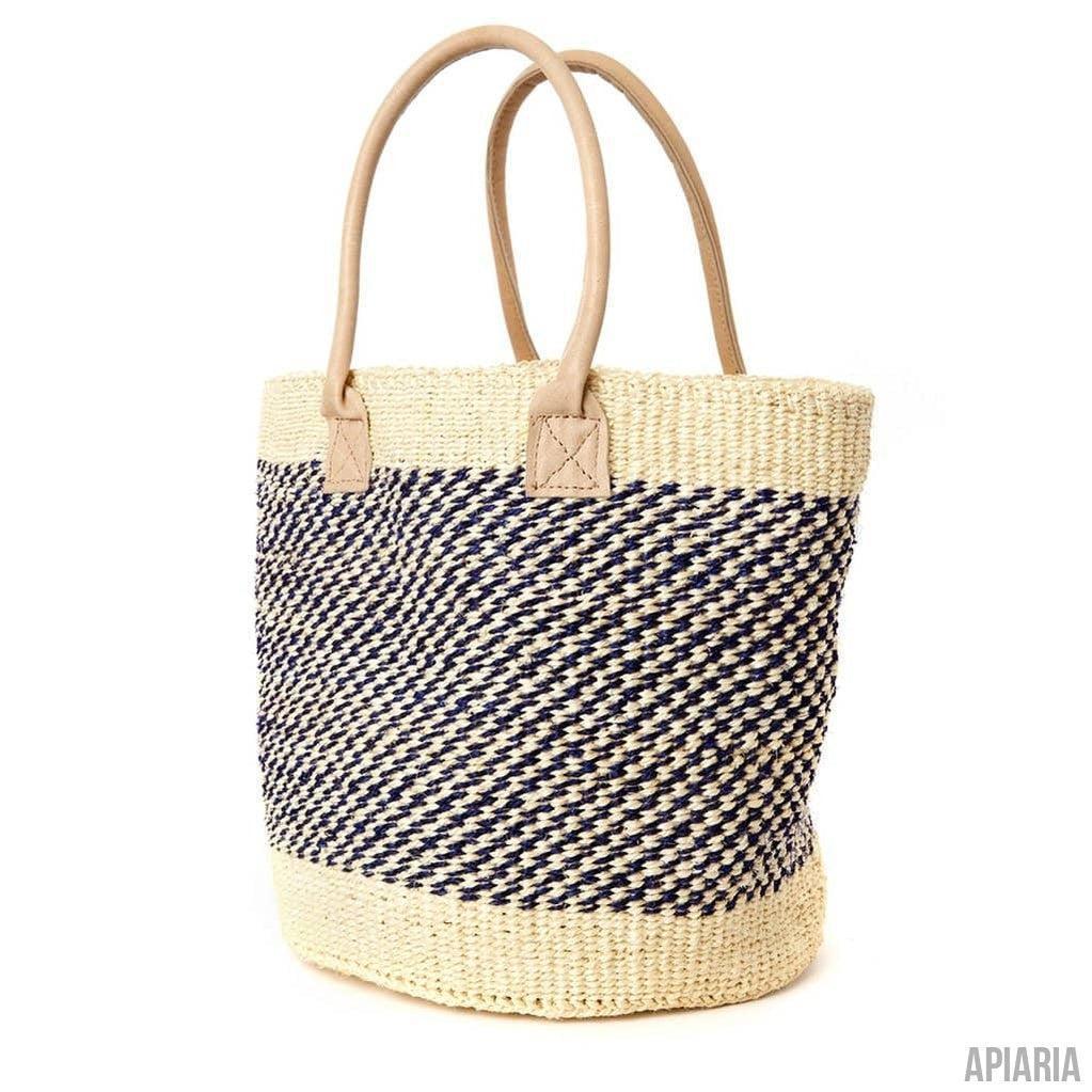 Handwoven Sisal Tote with Leather Handles (Twill Navy/White)-Handbag-Apiaria