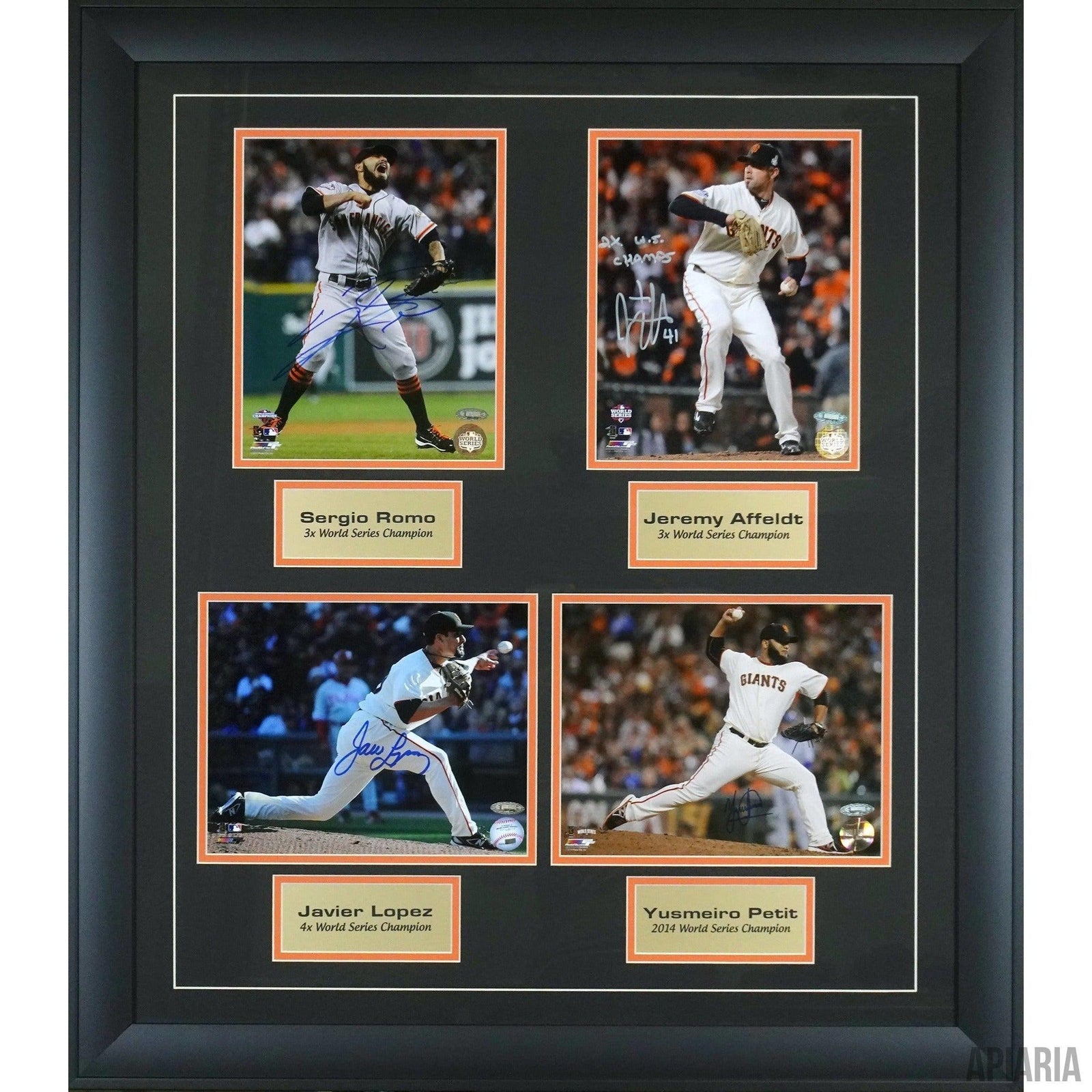 Heart of The Championship Bullpen: Autographed by Romo, Affeldt, Lopez & Petit-Framed Item-Apiaria