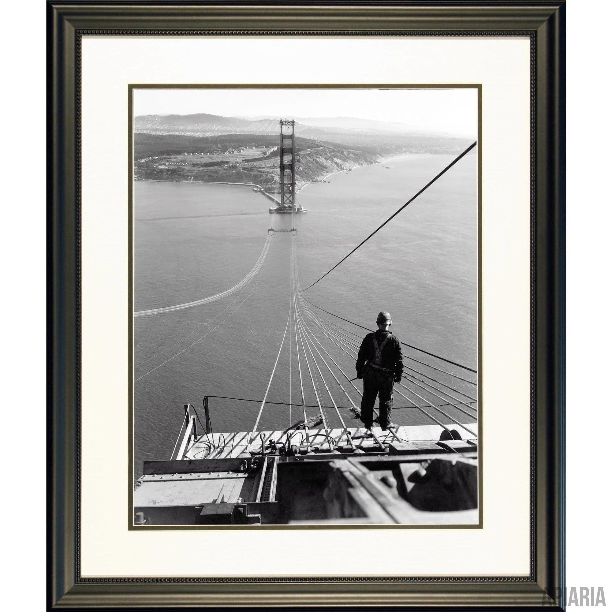 Man Looks Towards The Presidio While Standing On Cables During Construction of Golden Gate Bridge, 1935-Framed Item-Apiaria