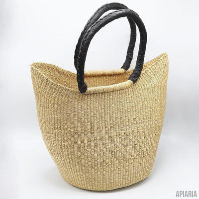 Natural Winged Market Tote with Braided, Black Leather Handles-Basket-Apiaria