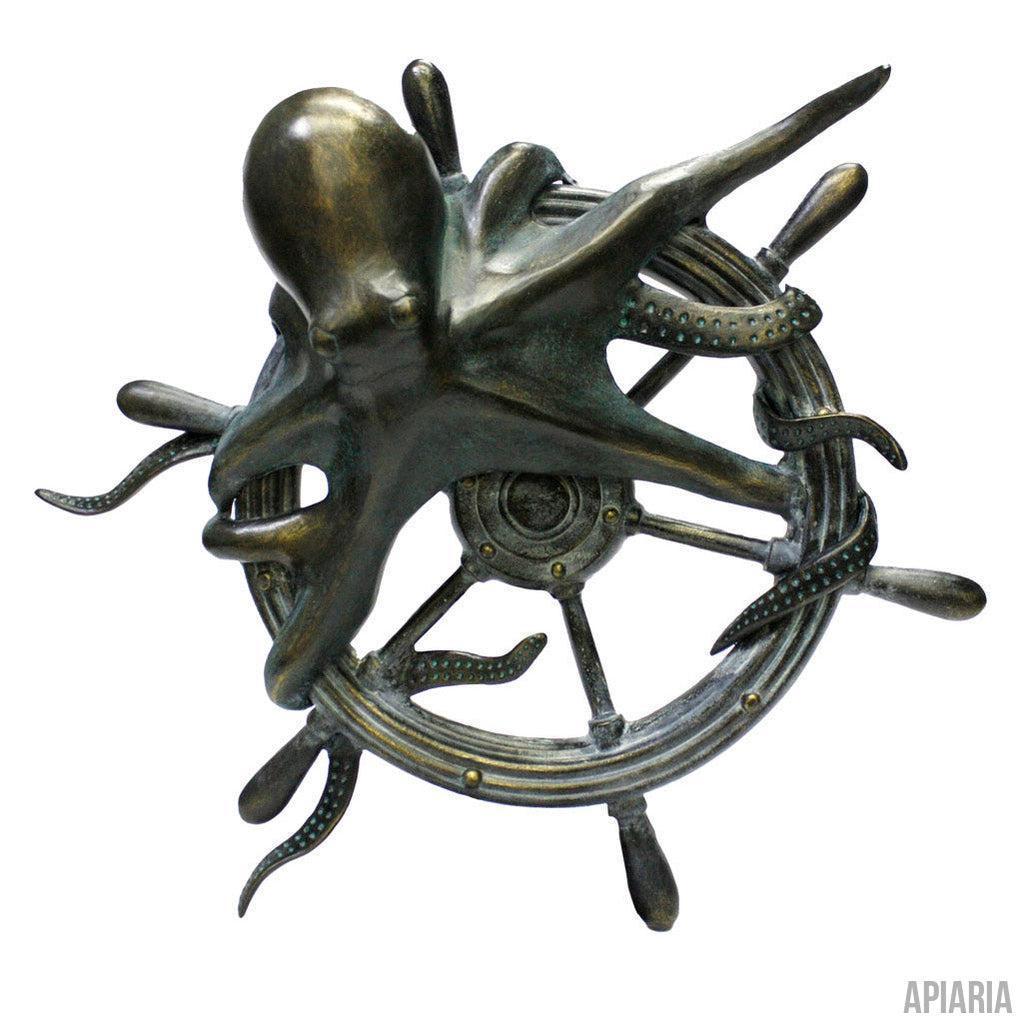 Octopus & Ship Wheel Wall Art with Brass Finish, metal art, nautical-Sculpture-Apiaria