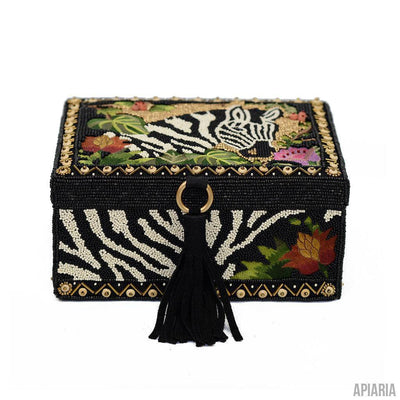 Out of Africa Jewelry Box by Mary Frances, Zebra Design in Glass Beads-Home Decor-Apiaria