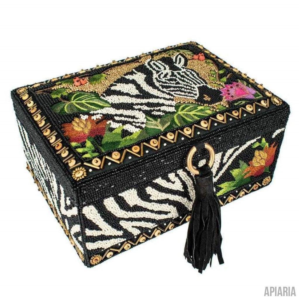 Out of Africa Jewelry Box by Mary Frances, Zebra Design in Glass Beads-Home Decor-Apiaria
