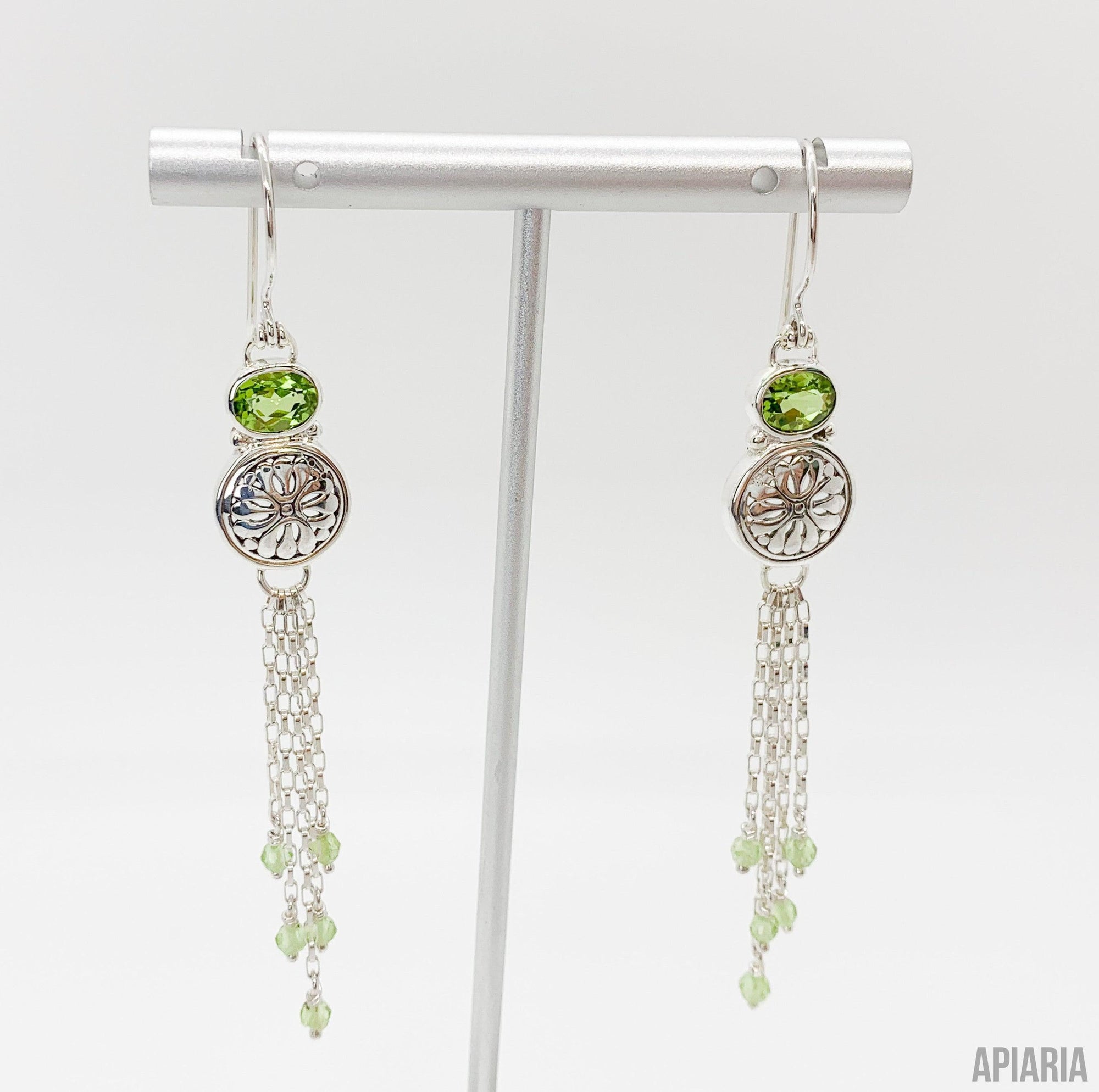 Peridot and Carved Silver Disc Hook Earrings-Jewelry-Apiaria