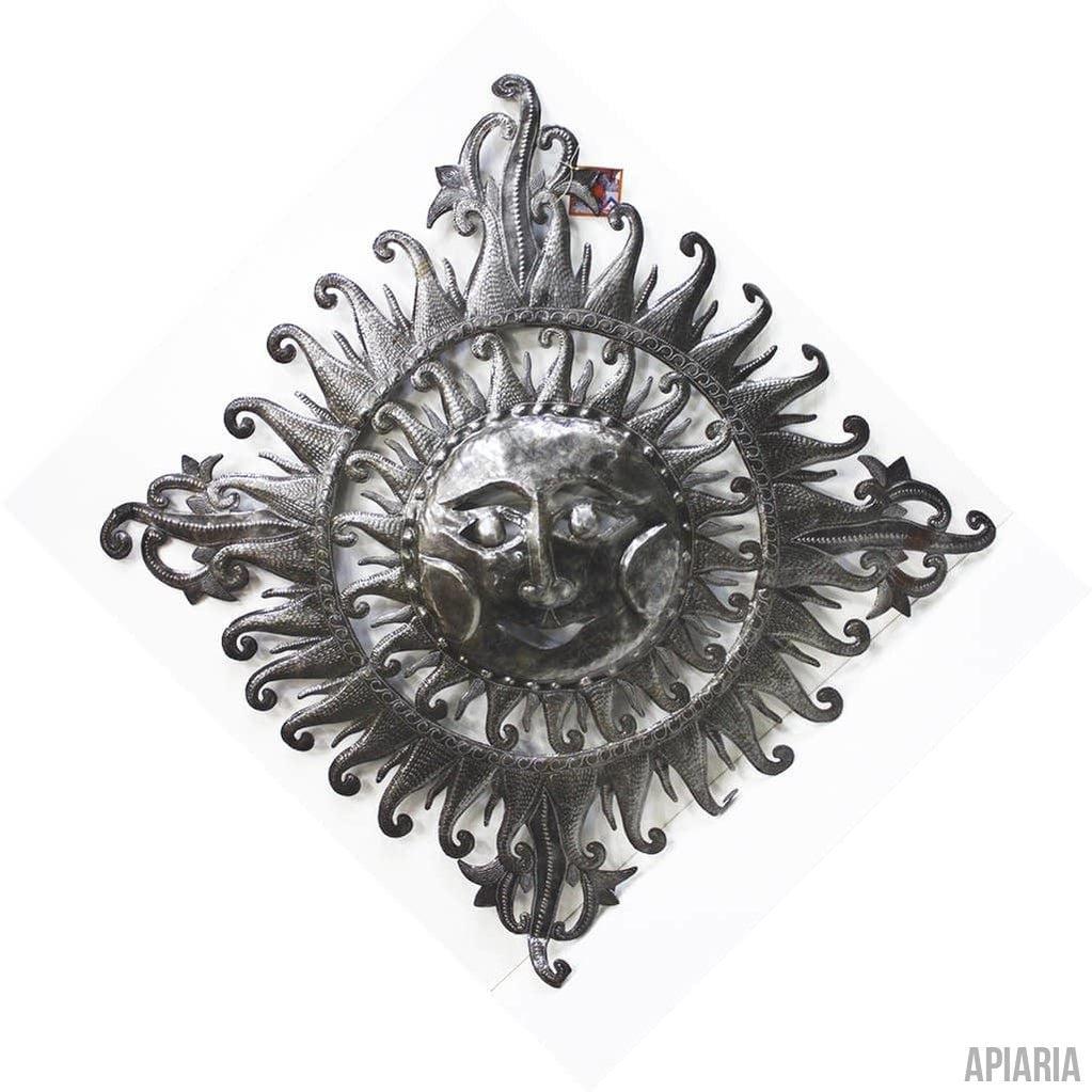 Smiling Diamond Sun Hand Hammered Oil Drum Sculpture from Haiti, Wall art Metal sculpture-Sculpture-Apiaria