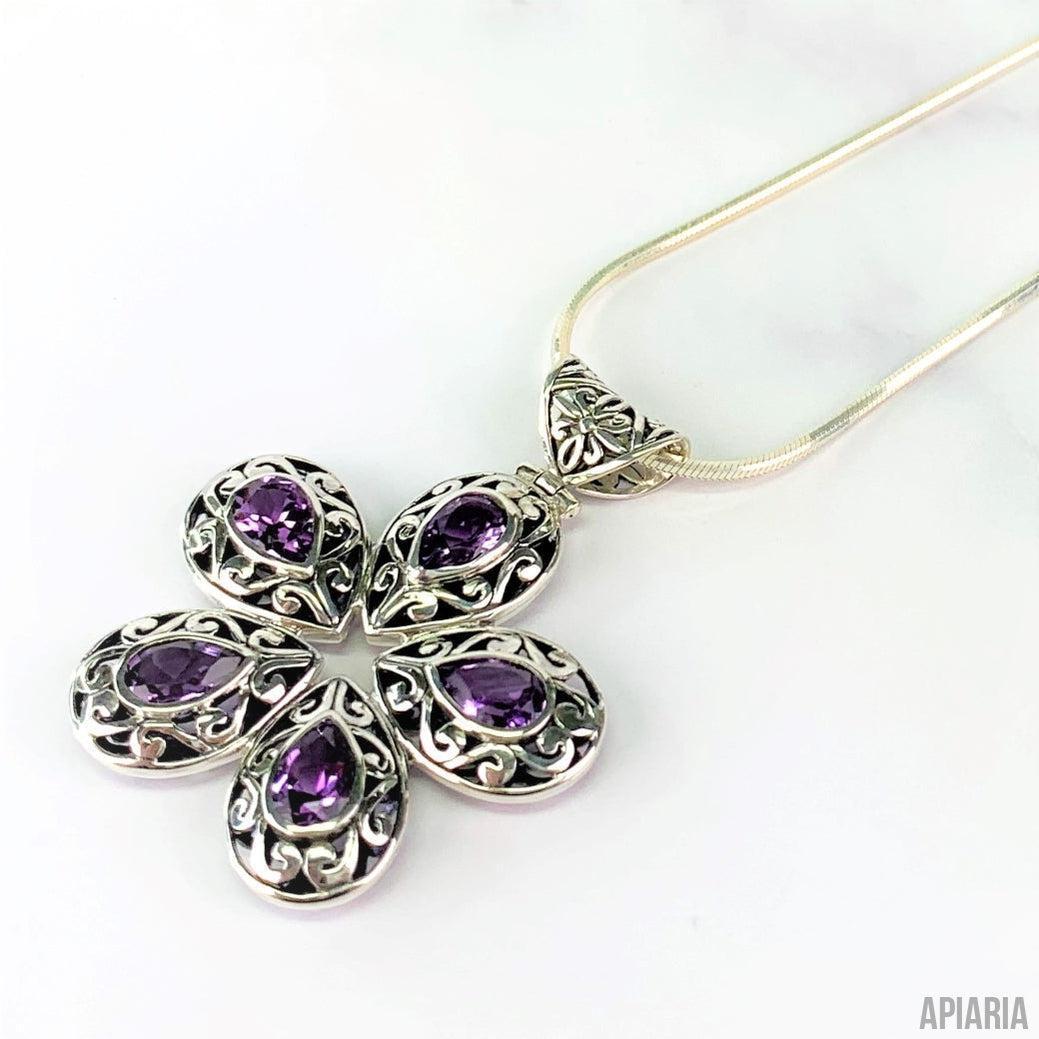 Sterling Silver Flower-shaped Amethyst Pendant Necklace-Jewelry-Apiaria
