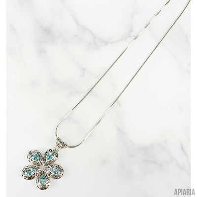 Sterling Silver Flower-shaped Blue Topaz Pendant Necklace-Jewelry-Apiaria