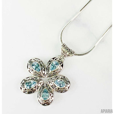 Sterling Silver Flower-shaped Blue Topaz Pendant Necklace-Jewelry-Apiaria