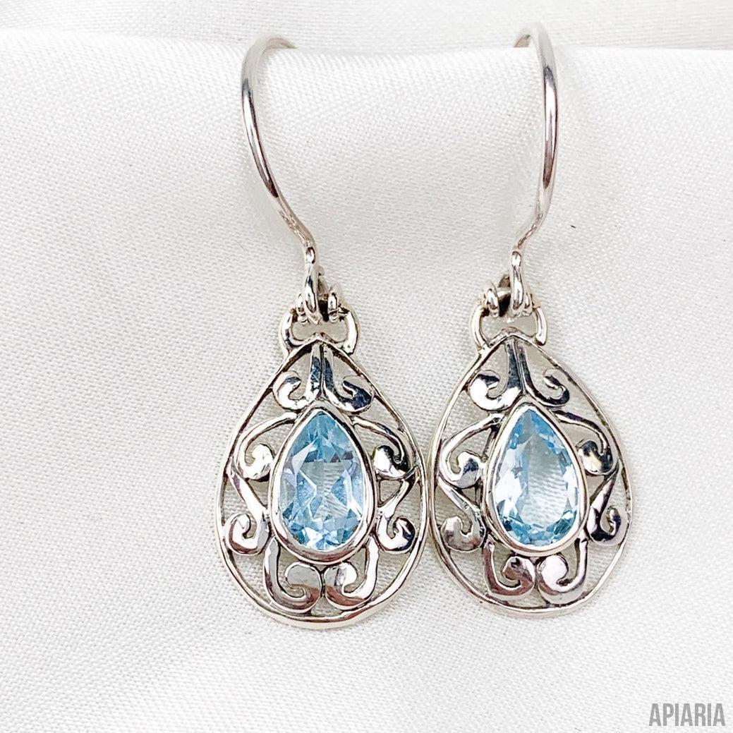 Sterling Silver Teardrop Faceted Blue Topaz Drop Earring-Jewelry-Apiaria