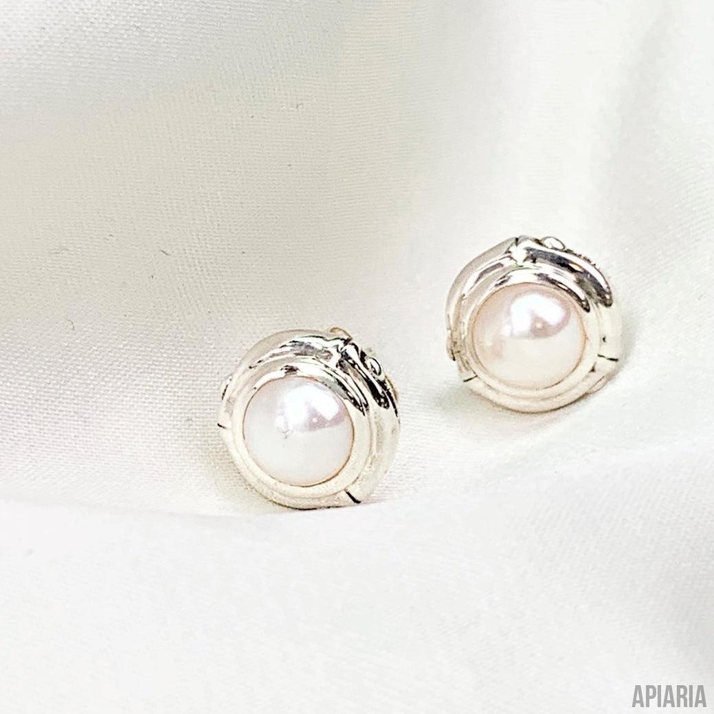 White Pearl Earrings on Post-Jewelry-Apiaria