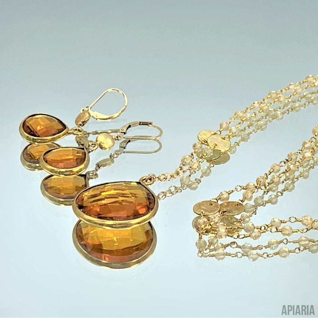 Yellow Citrine Pendant with Matching Earrings